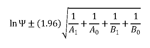 ln(Psi) ± (1.96) sqrt(1/A1+1/A0+1/B1+1/B0)