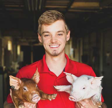 Hunter Everett holding two pigs