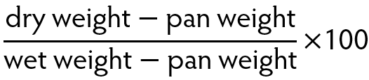 (dry weight minus pan weight) divided by (wet weight minus pan weight) times 100
